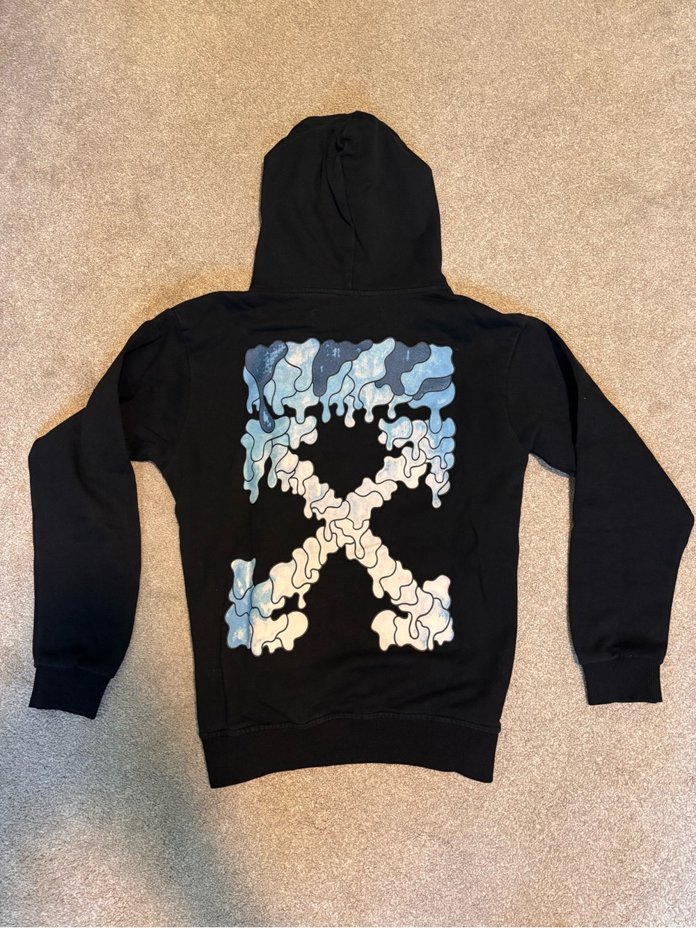 Off-White Black Hoodie with Blue and White Drip X Graphic